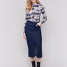 Elegant long denim skirt in dark blue with a front slit, featuring 5 pockets by Charlie B.