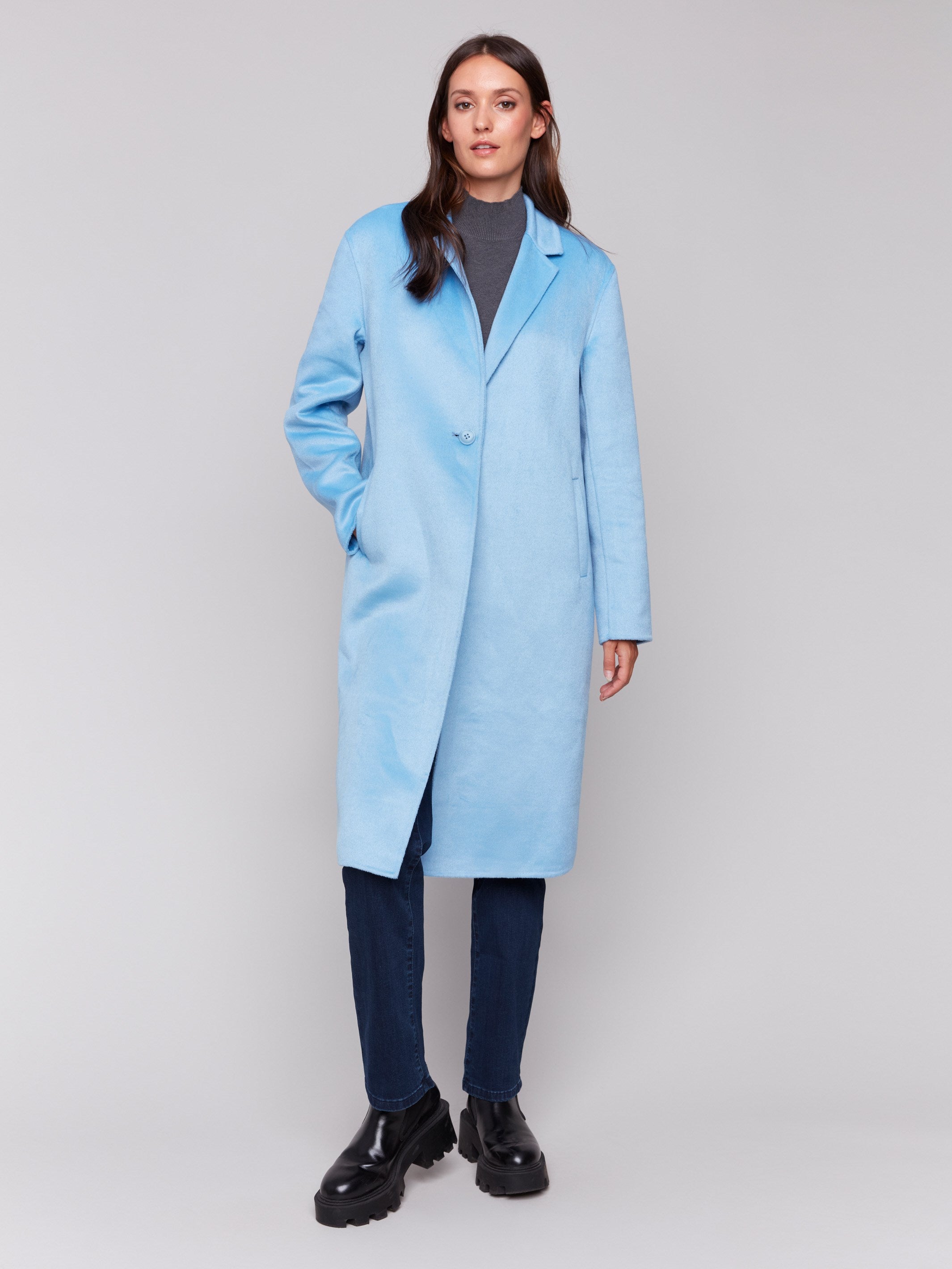 Frost blue grey long double-faced wool coat with a minimalist design, single-breasted front, and sleek button closure by Charlie B.