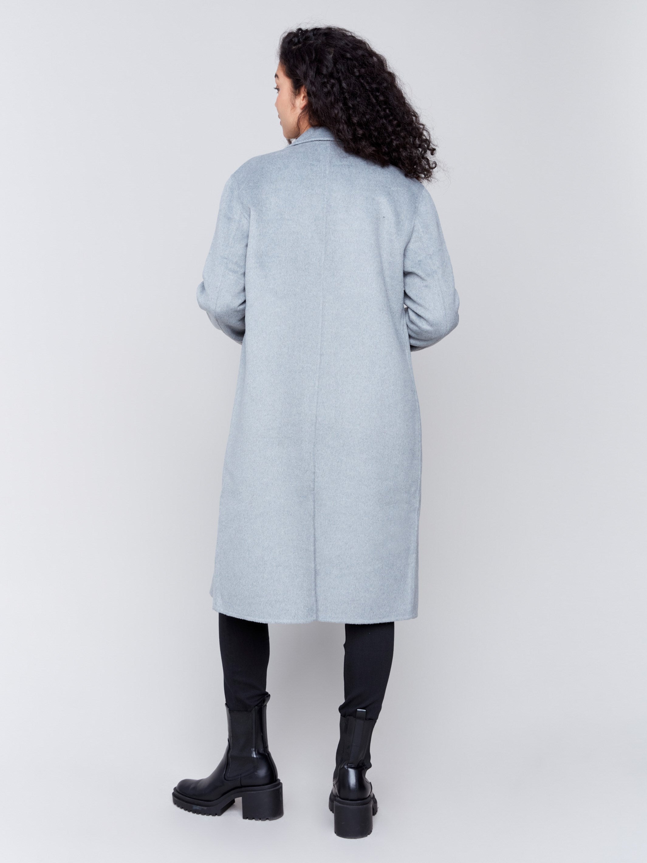 Grey long double-faced wool coat with a minimalist design, single-breasted front, and sleek button closure by Charlie B.