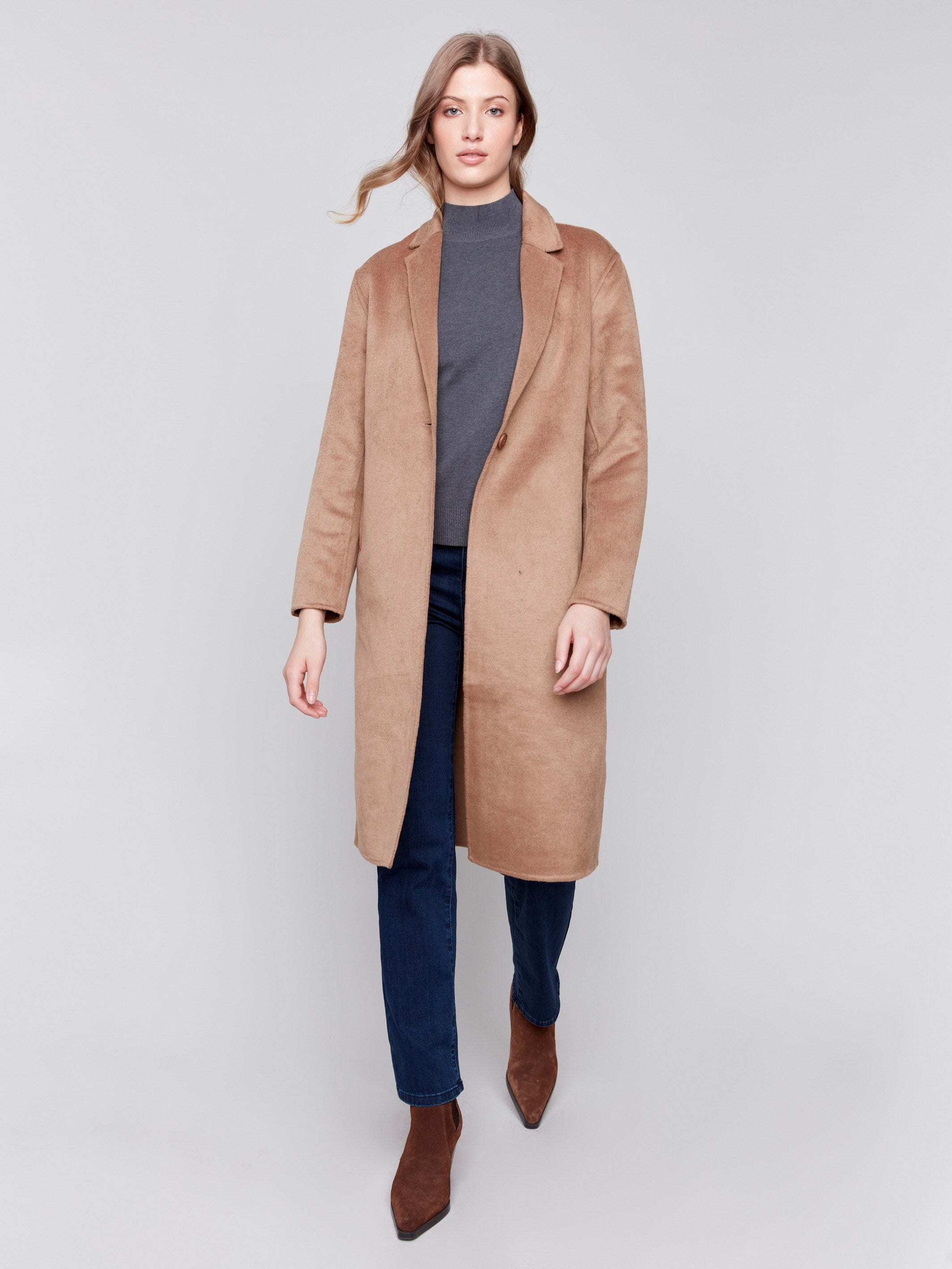 Truffle brown long double-faced wool coat with a minimalist design, single-breasted front, and sleek button closure by Charlie B.