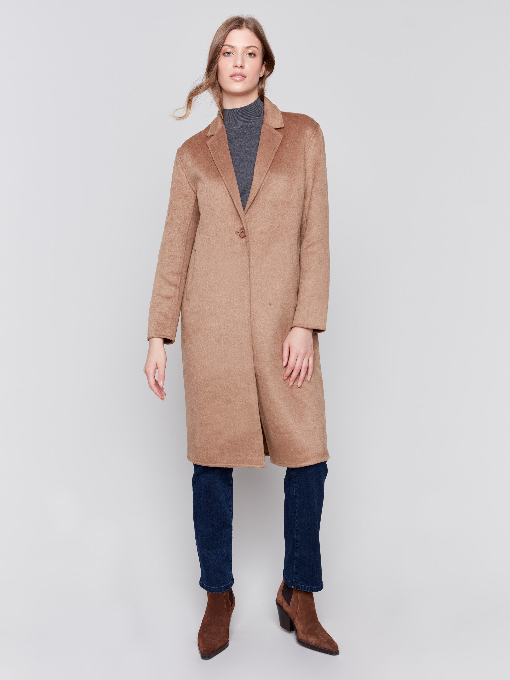 Truffle brown long double-faced wool coat with a minimalist design, single-breasted front, and sleek button closure by Charlie B.