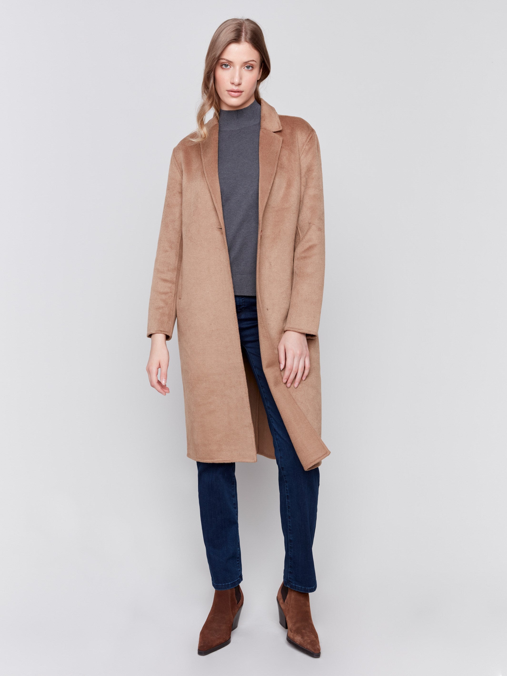 Truffle brown long double-faced wool coat with a minimalist design, single-breasted front, and sleek button closure by Charlie B.