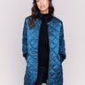 Long blue quilted puffer jacket with zipper front and rib knit collar and cuffs by Charlie B.