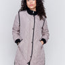 Taupe long quilted puffer jacket with rib knit detail, zipper front, and front pockets by Charlie B.