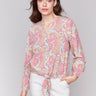 Vibrant paisley print blouse with a chic front tie by Charlie B.