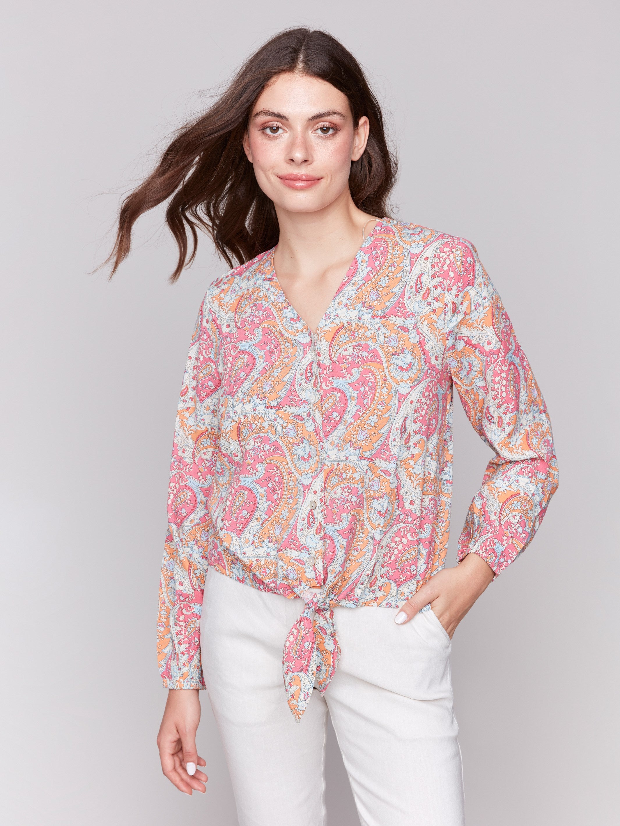 Stylish long-sleeve top featuring intricate paisley design by Charlie B.