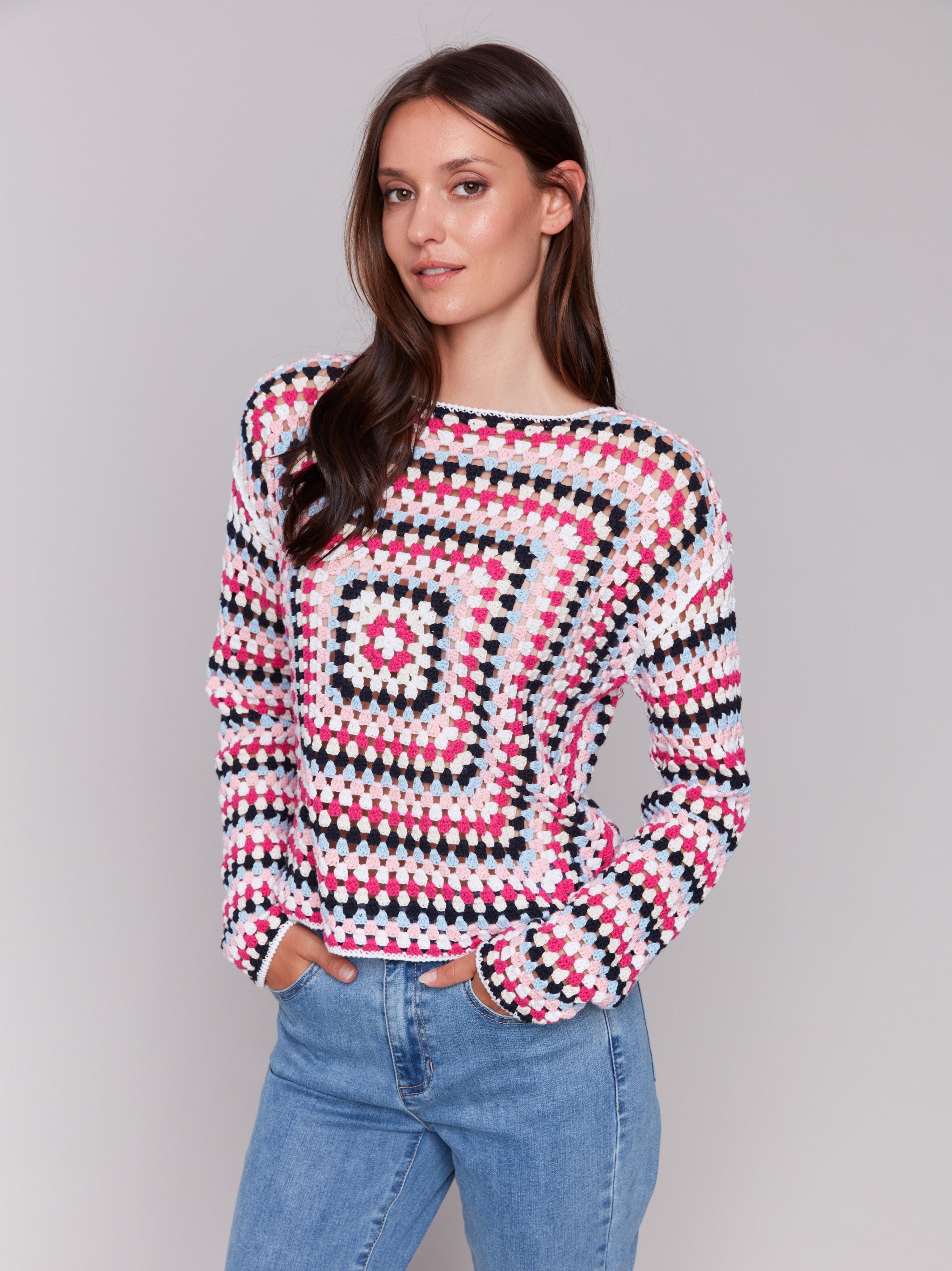 Multicolored crochet top with a stylish boatneck design by Charlie B.