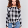 Pepper long-sleeve blouse with balloon sleeves and tie-front detail in a plaid check pattern by Charlie B.