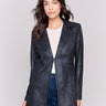 Rich black faux suede long jacket with zipper details and pockets by Charlie B.