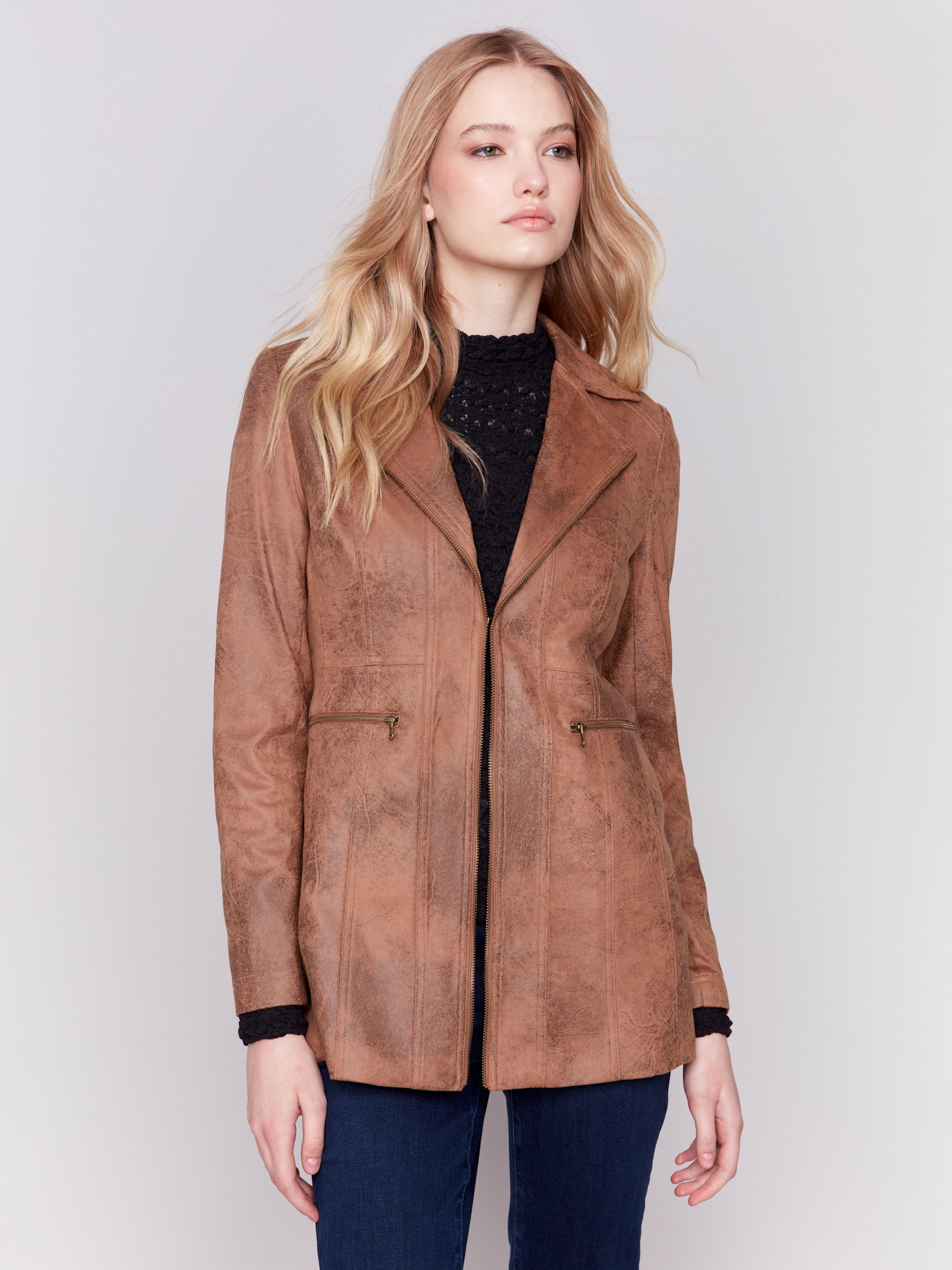 Rich truffle faux suede long jacket with zipper details and pockets by Charlie B.