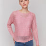 Pink sweater with long dolman sleeves and a stylish design by Charlie B.