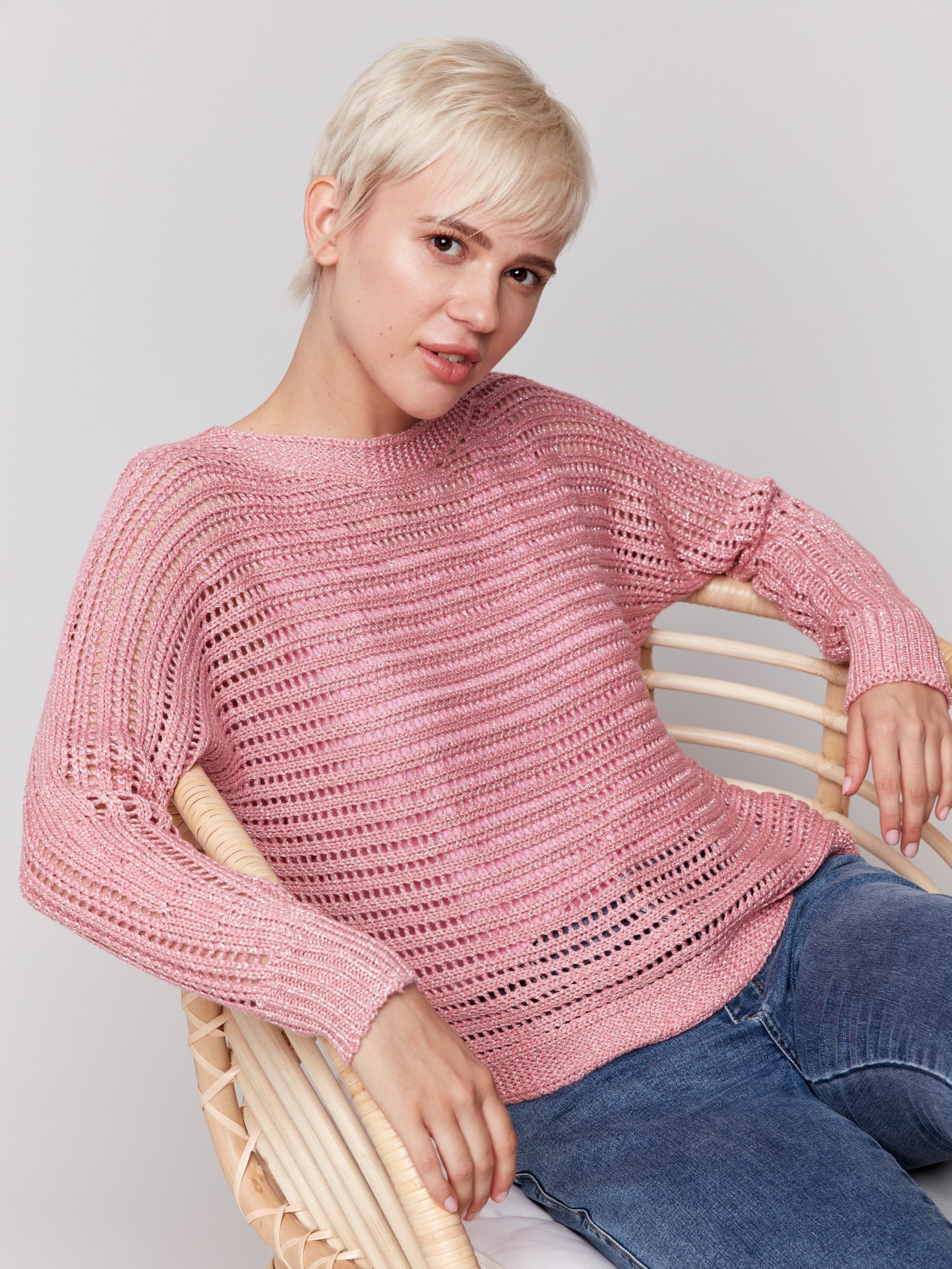 Metallic fishnet knit sweater in pink hue for a chic look by Charlie B.