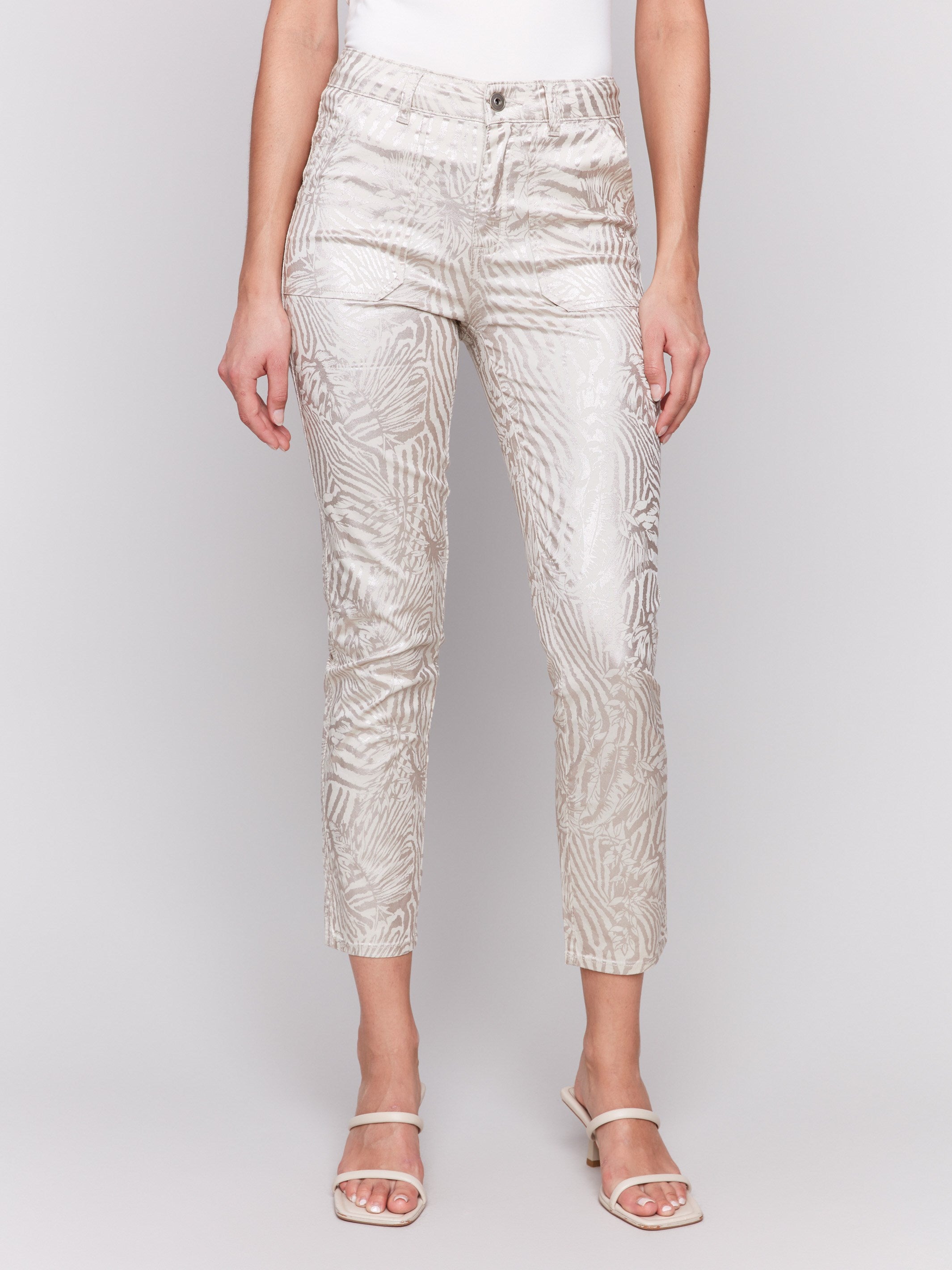 Ankle-length metallic zebra print pants by Charlie B.