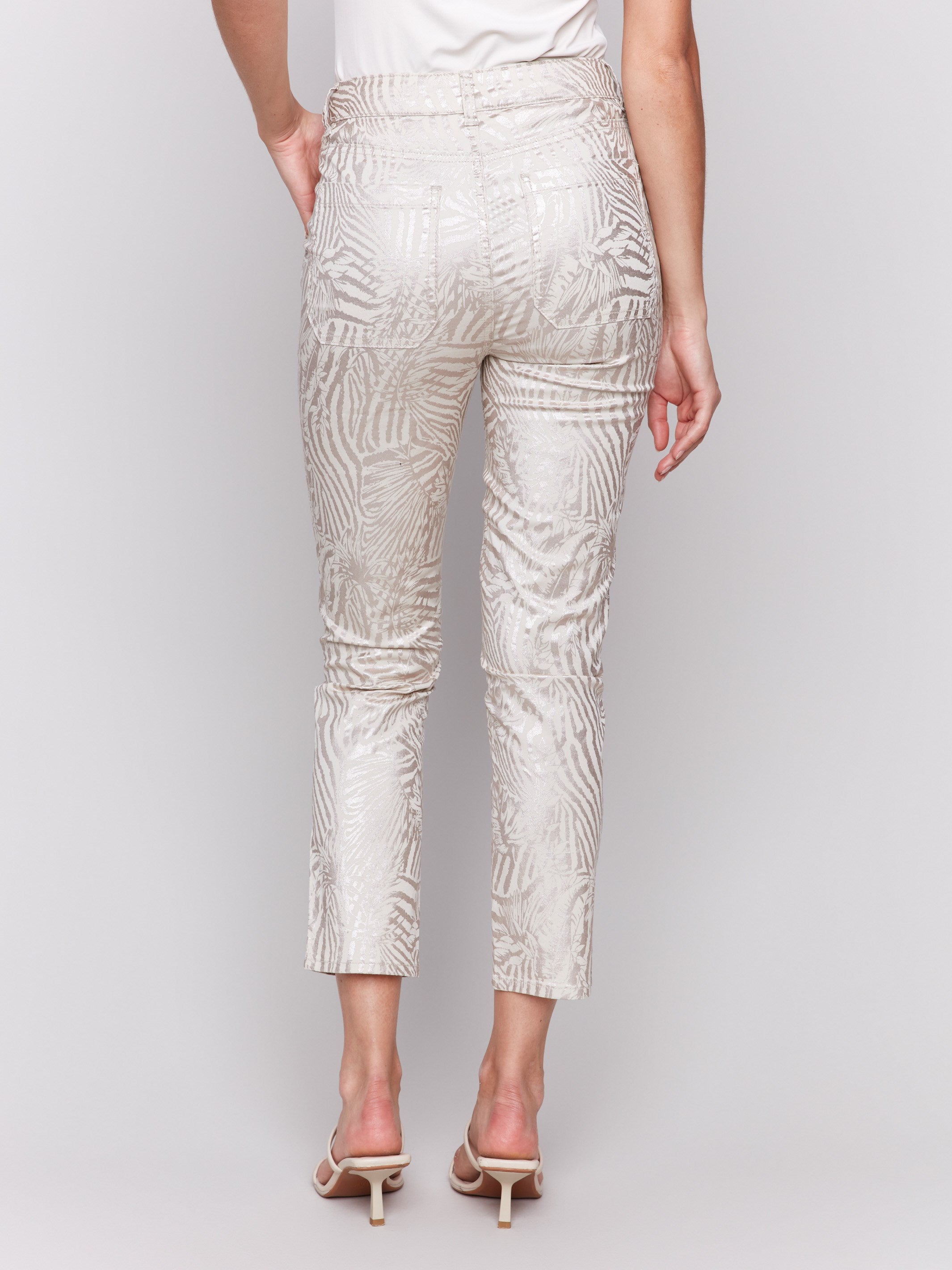 Regular rise zebra print twill pants with a metallic sheen by Charlie B.