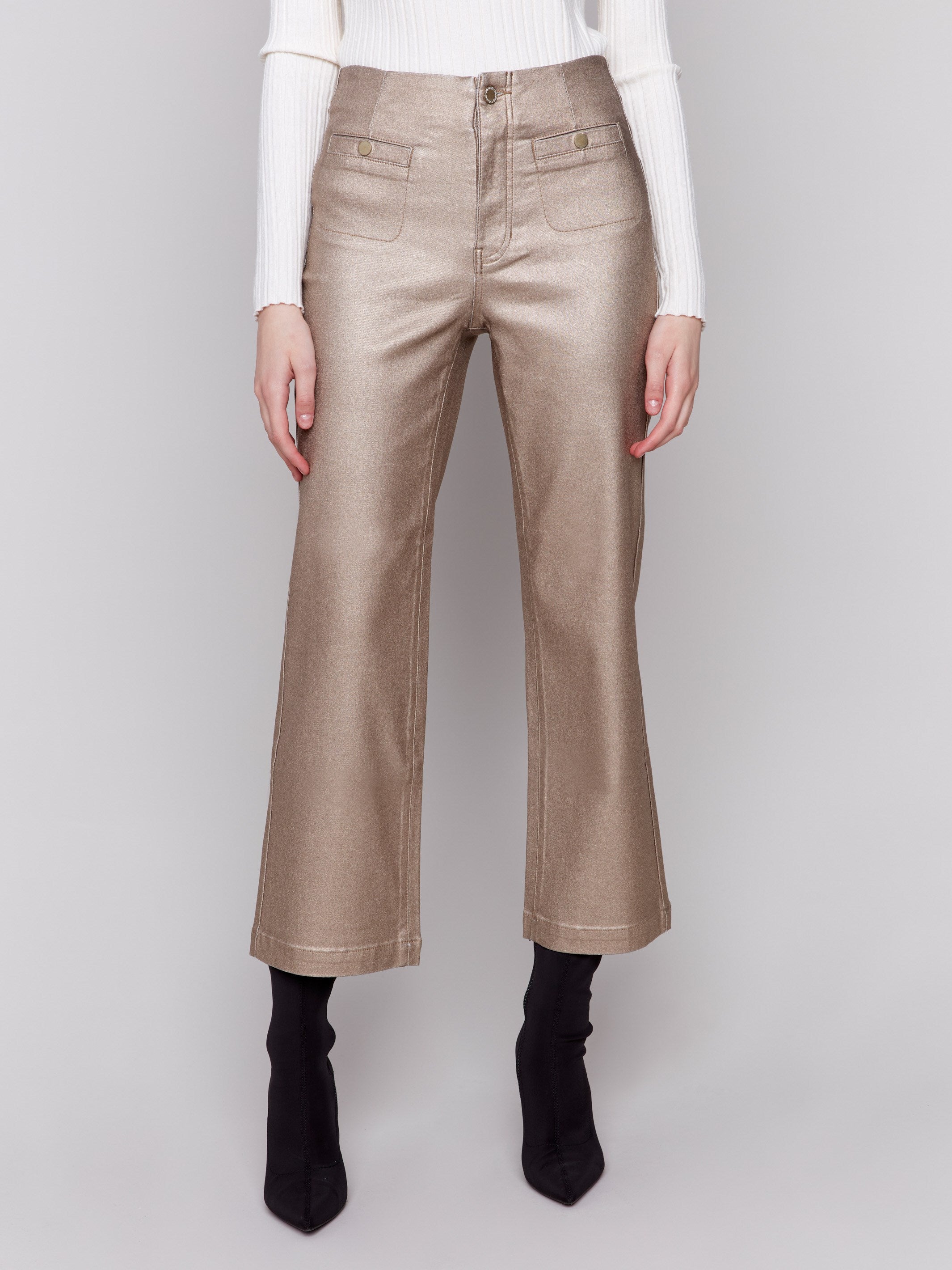 Bronze metallic flared pants with welt front pockets and zipper closure by Charlie B.