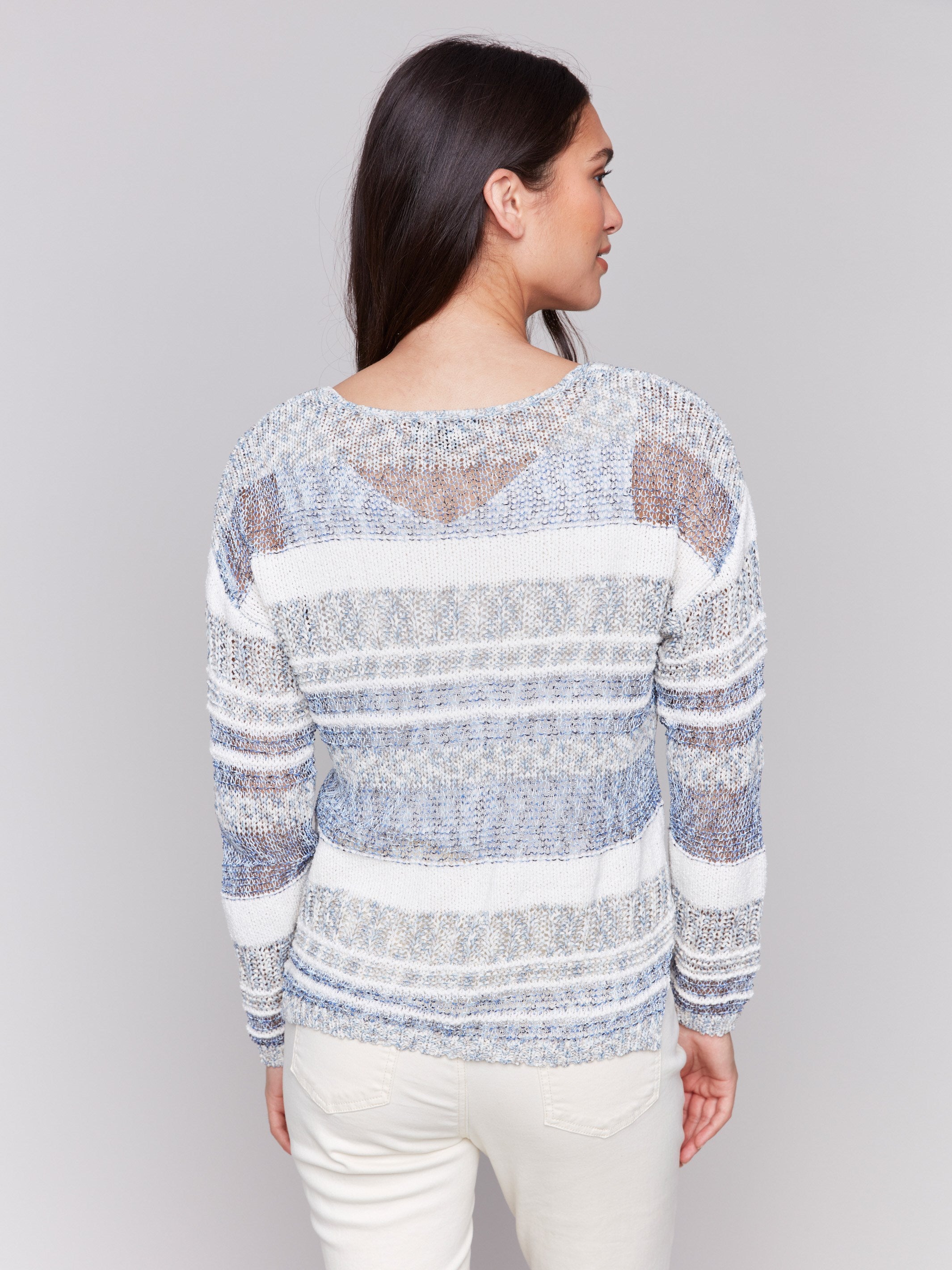 Relaxed fit denim sweater with a unique striped pattern by Charlie B.