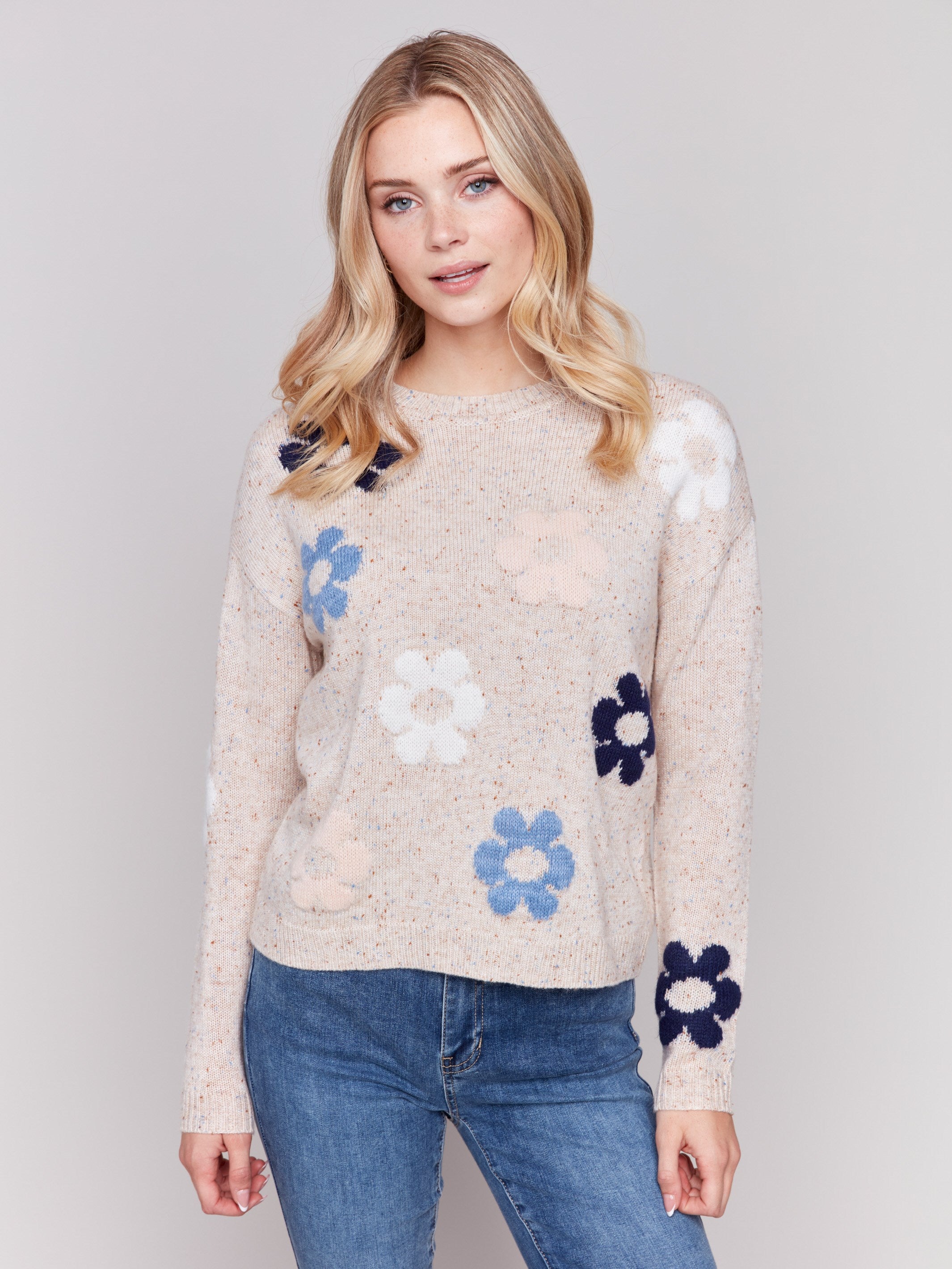 Beige Nep Yarn sweater featuring a floral pattern with long sleeves and crew neck by Charlie B.