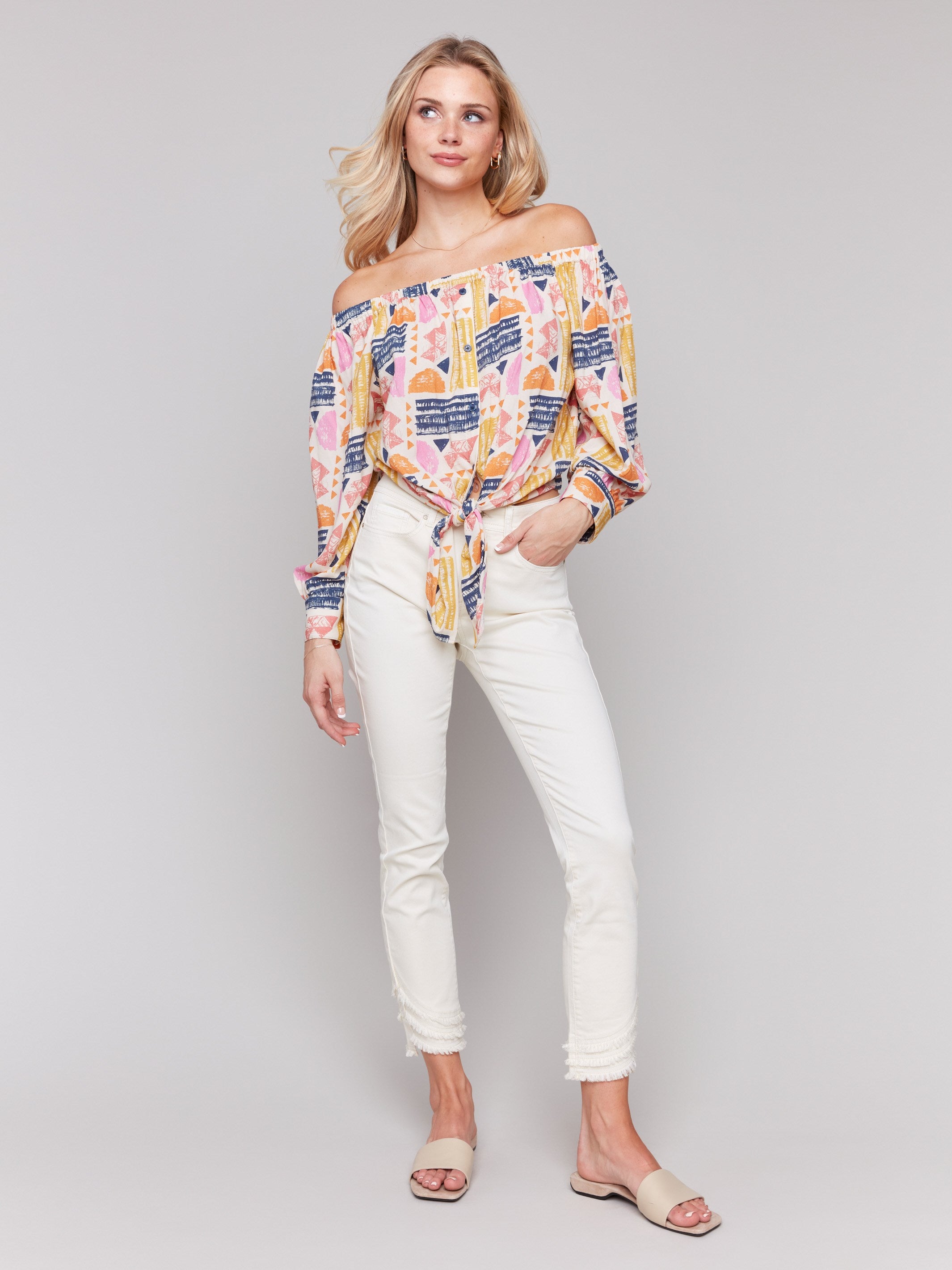 Chic off-the-shoulder blouse with button-down detailing by Charlie B.