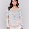 V-neck knit sweater with ombre chevron pattern in pastel shades, long sleeves, and ribbed cuffs by Charlie B.