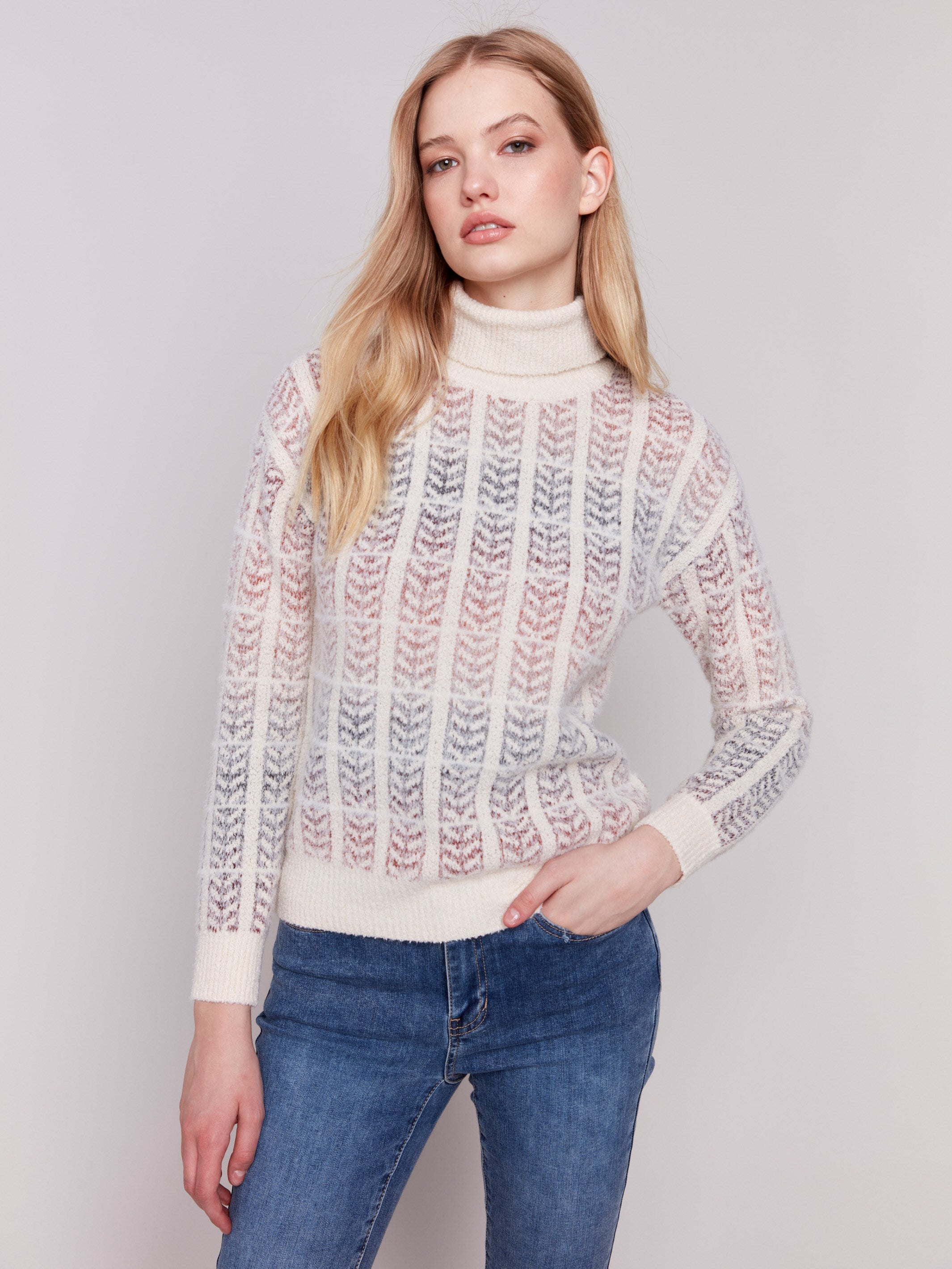 Women's ombre jacquard knit turtleneck sweater with long sleeves in a subtle autumn color palette by Charlie B.