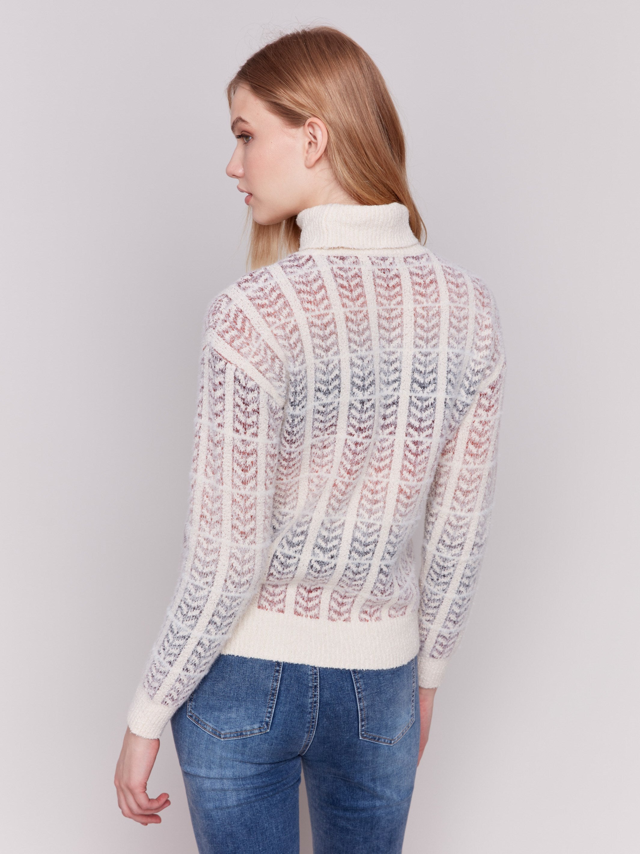 Women's ombre jacquard knit turtleneck sweater with long sleeves in a subtle autumn color palette by Charlie B.