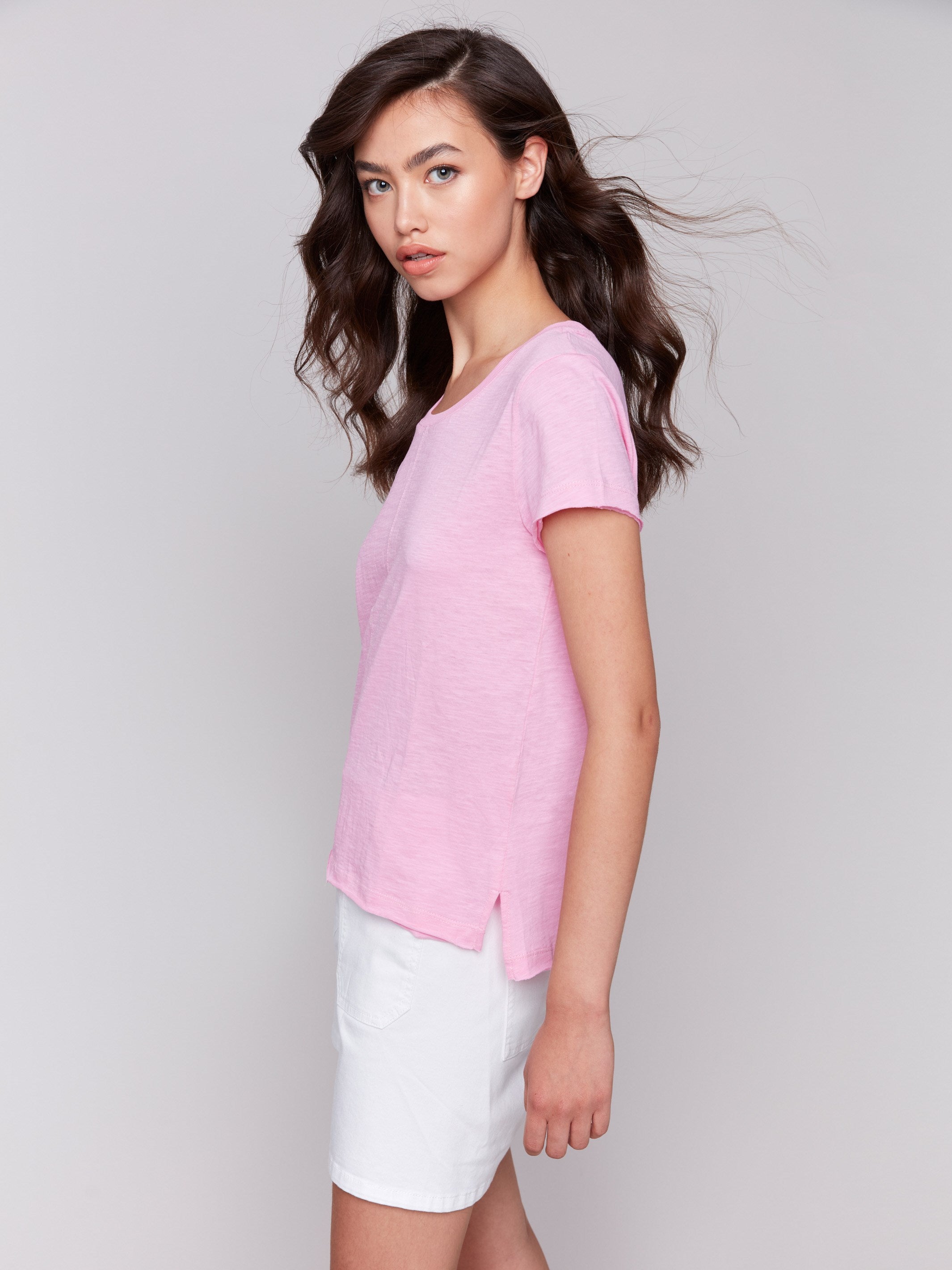 Begonia t-shirt crafted with organic cotton and a front seam detail, by Charlie B.