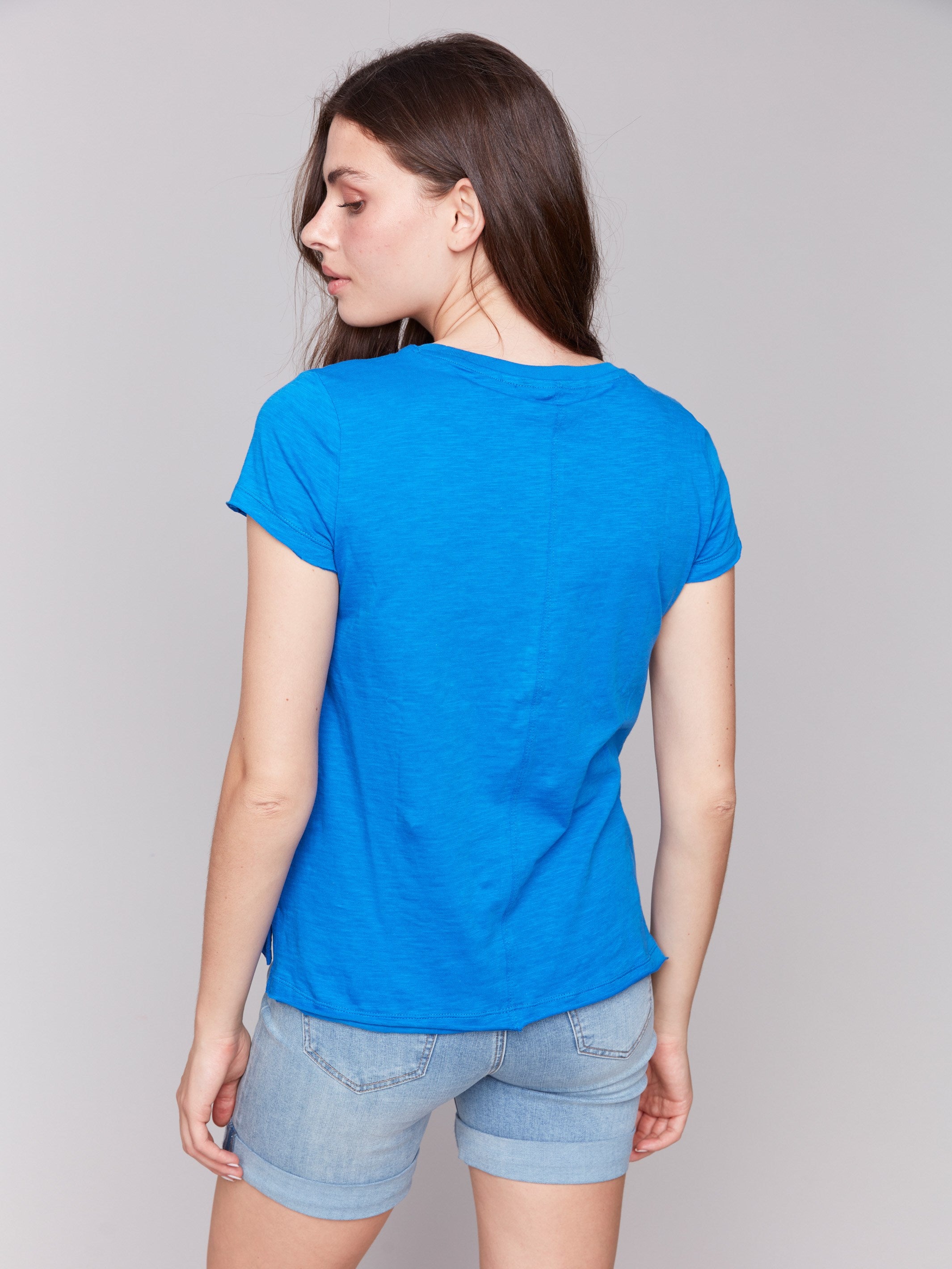 Crew neck organic tee in coastal blue shade, by Charlie B.