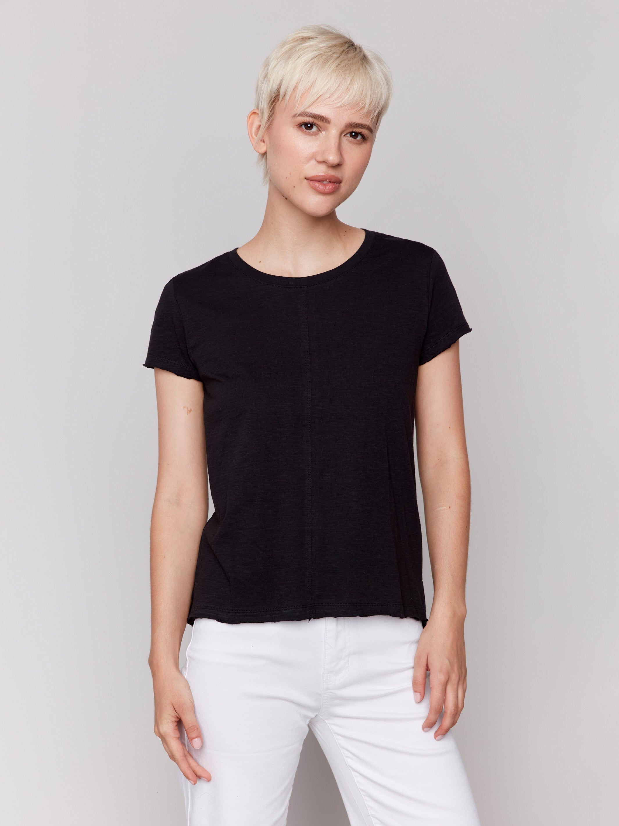 Black organic cotton tee with a classic crew neckline, by Charlie B.