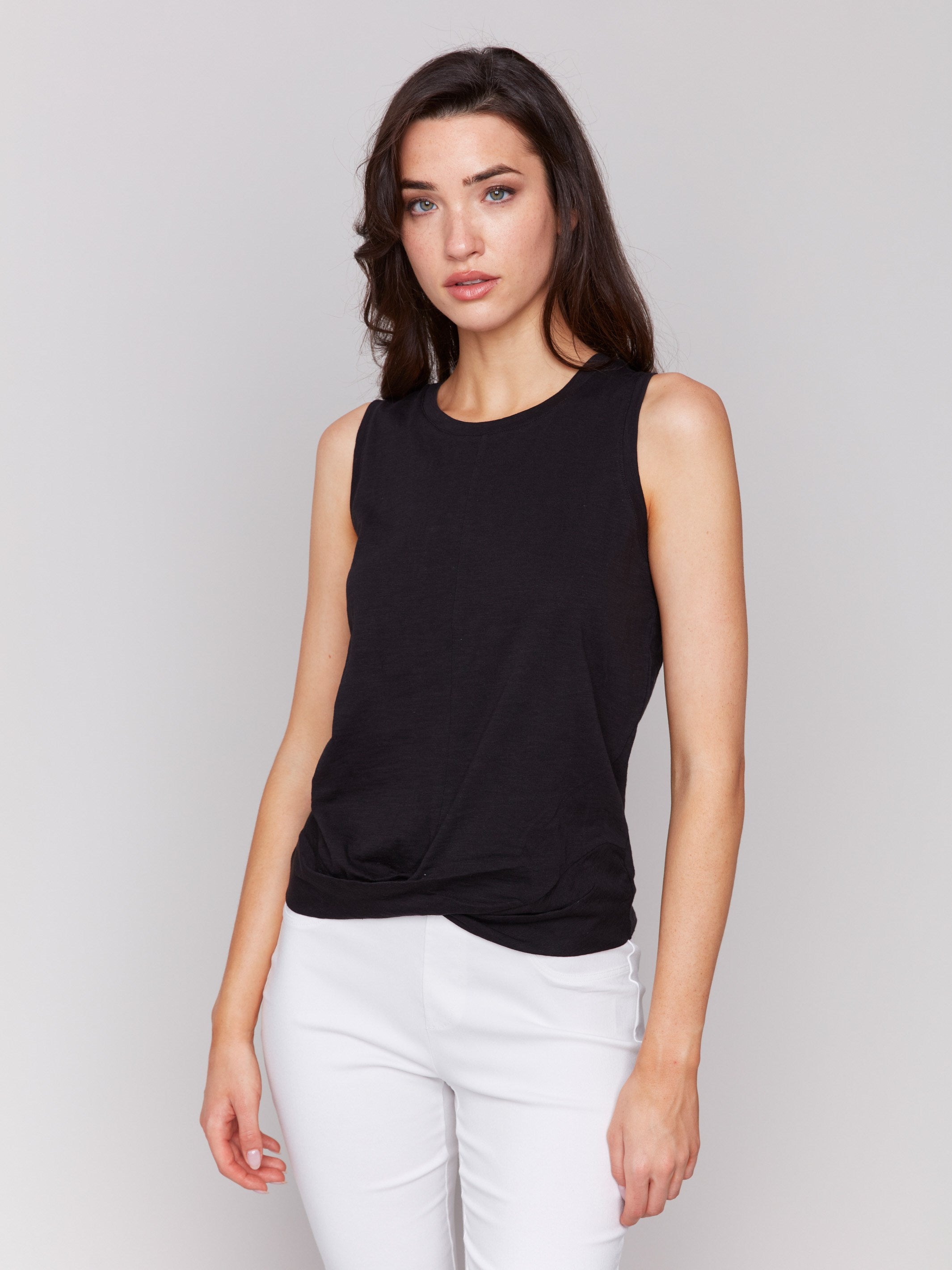 Black organic cotton tank top with crew neckline by Charlie B.