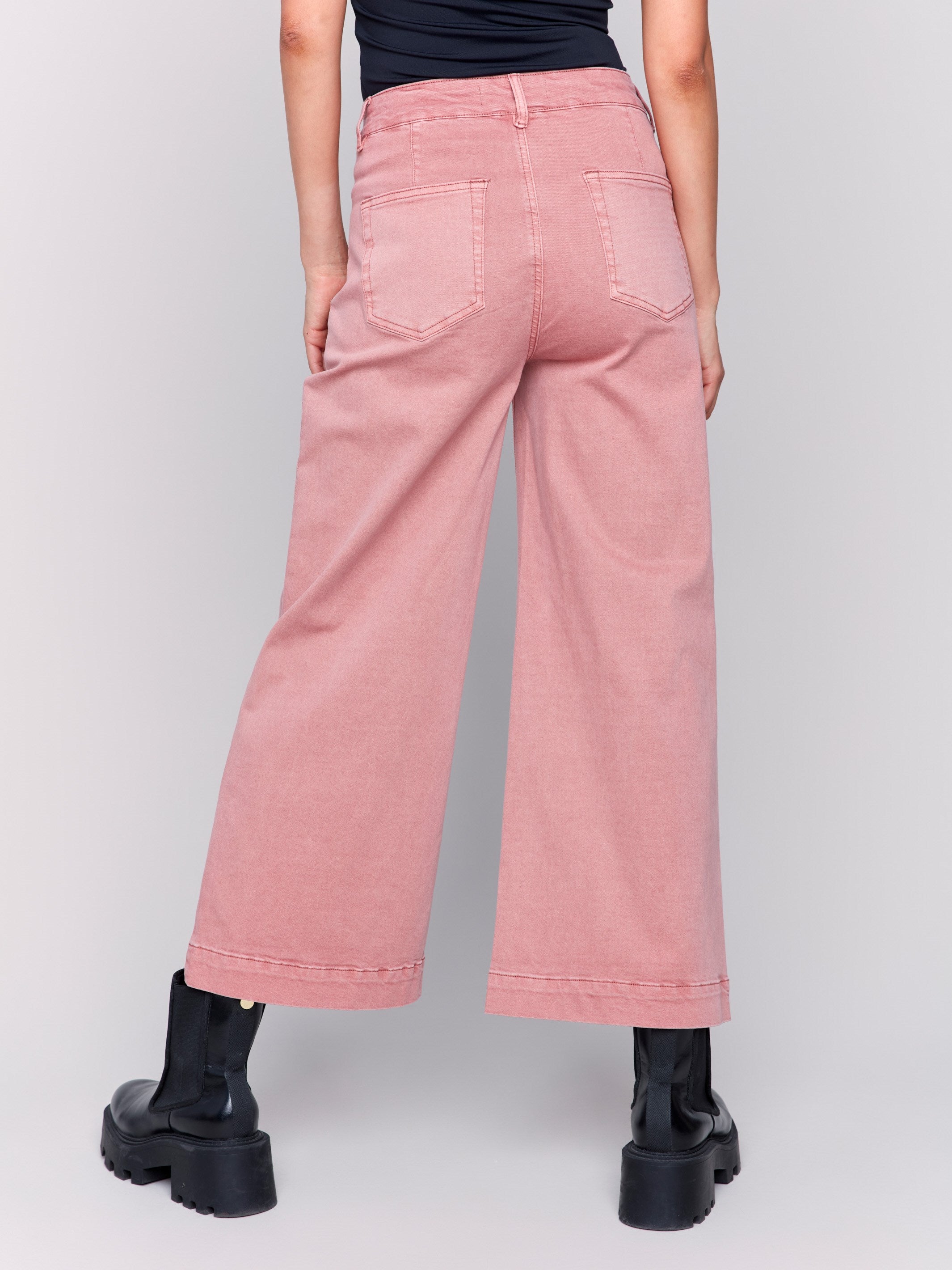 Woodrose cropped twill pants with front patch pockets and a flare leg by Charlie B.