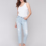 Ankle-length stretch denim jeans with pearl appliqué by Charlie B.