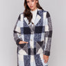 Navy blue plaid bouclé knit coat featuring a tailored collar and patch pockets by Charlie B.