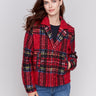 Short cranberry red plaid bouclé knit jacket with notch collar and welt pockets, featuring a full-button closure by Charlie B.