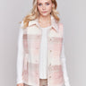 Quartz pink colored plaid bouclé knit vest with spread collar and button closure by Charlie B.