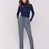 Plaid knit jogger pants in navy with a mid rise and slim leg fit, featuring an adjustable drawstring waist and side pockets by Charlie B.