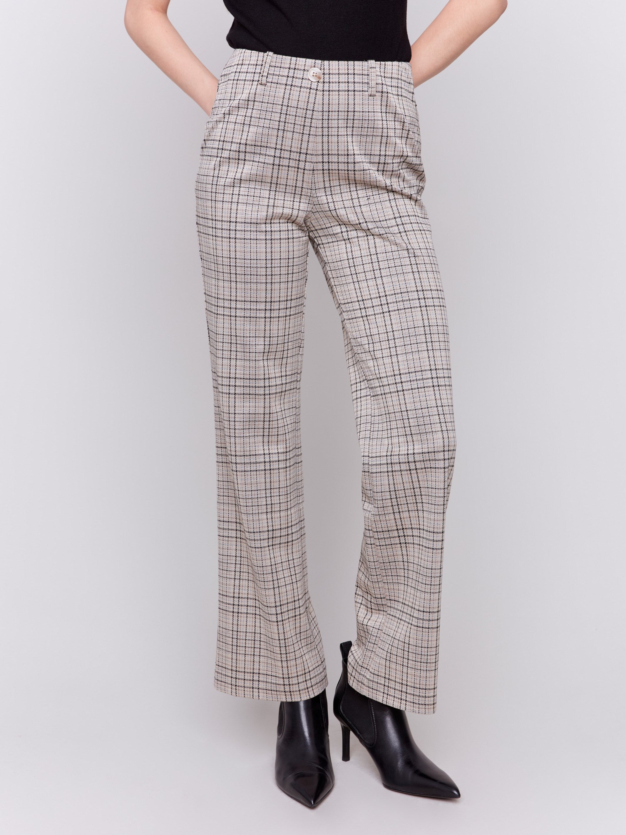 Almond-colored houndstooth plaid pull-on flared pants with high rise and back pockets by Charlie B.