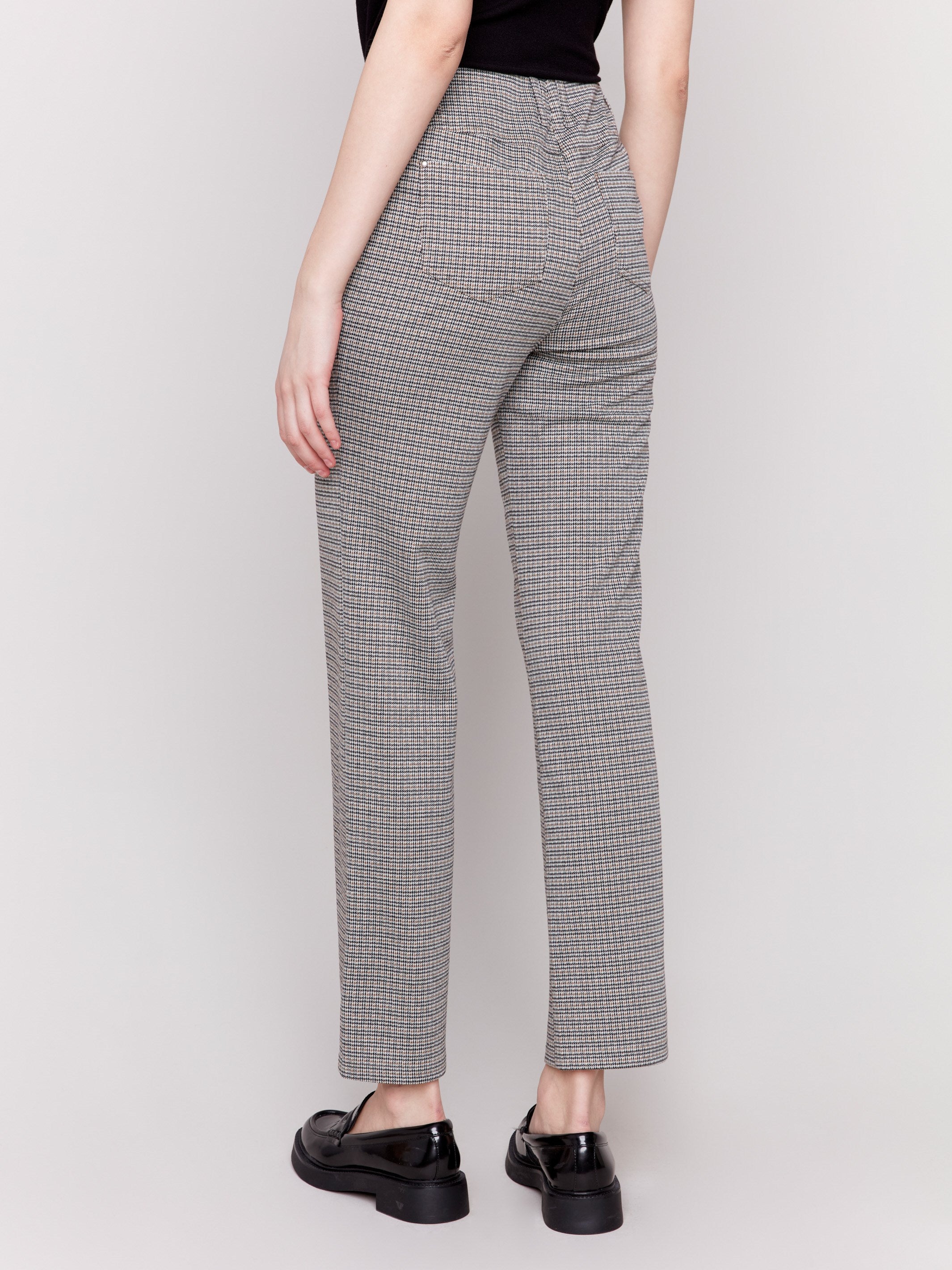 Truffle houndstooth plaid pull-on flared pants with high rise and back pockets by Charlie B.