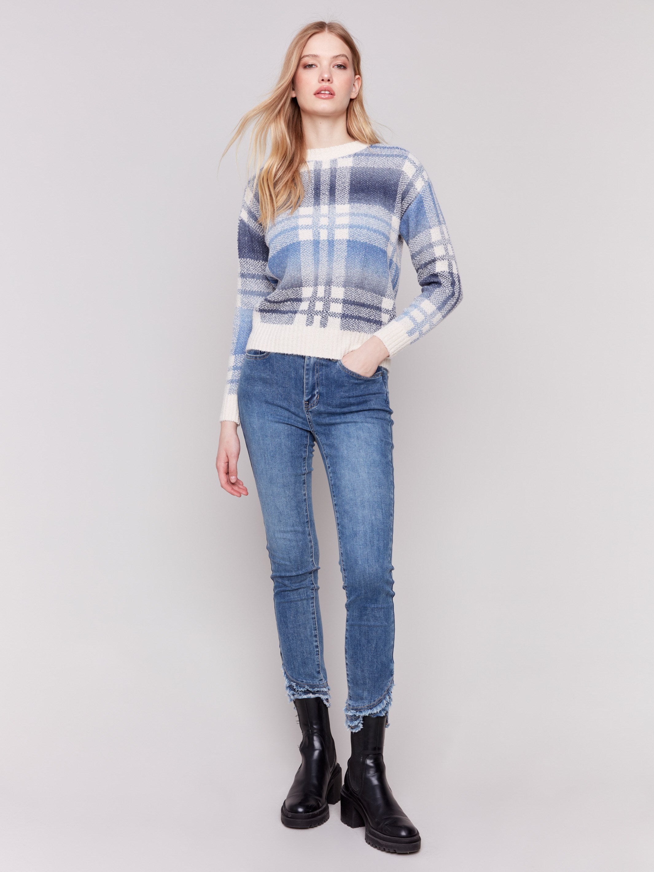 Long-sleeve plaid sweater with multicolor space dye design by Charlie B.