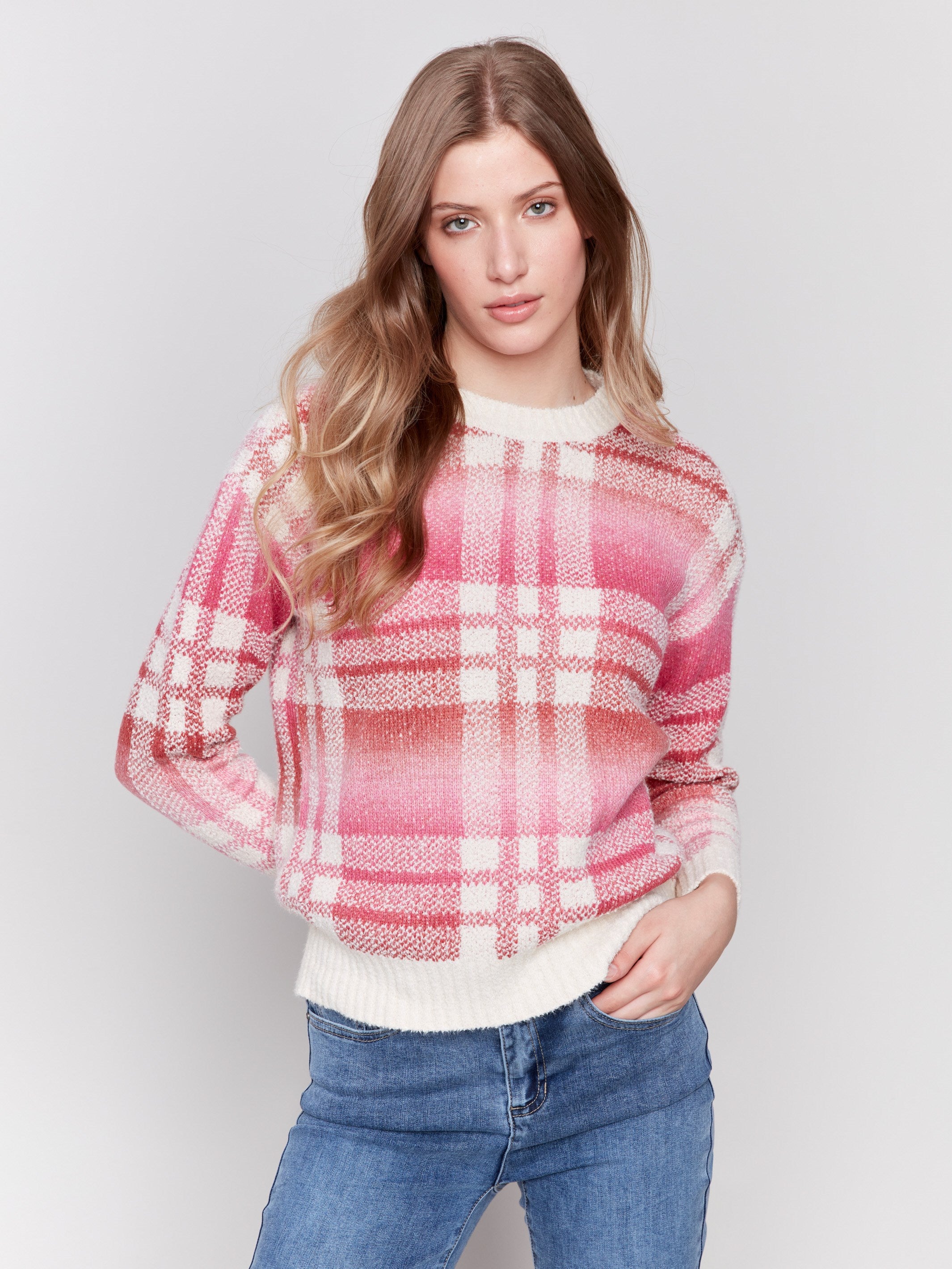 Long-sleeve plaid sweater in magenta with space dye design by Charlie B.