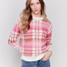 Long-sleeve plaid sweater in magenta with space dye design by Charlie B.