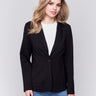 Classic black ponte blazer with lapel notch collar and front patch pockets by Charlie B.