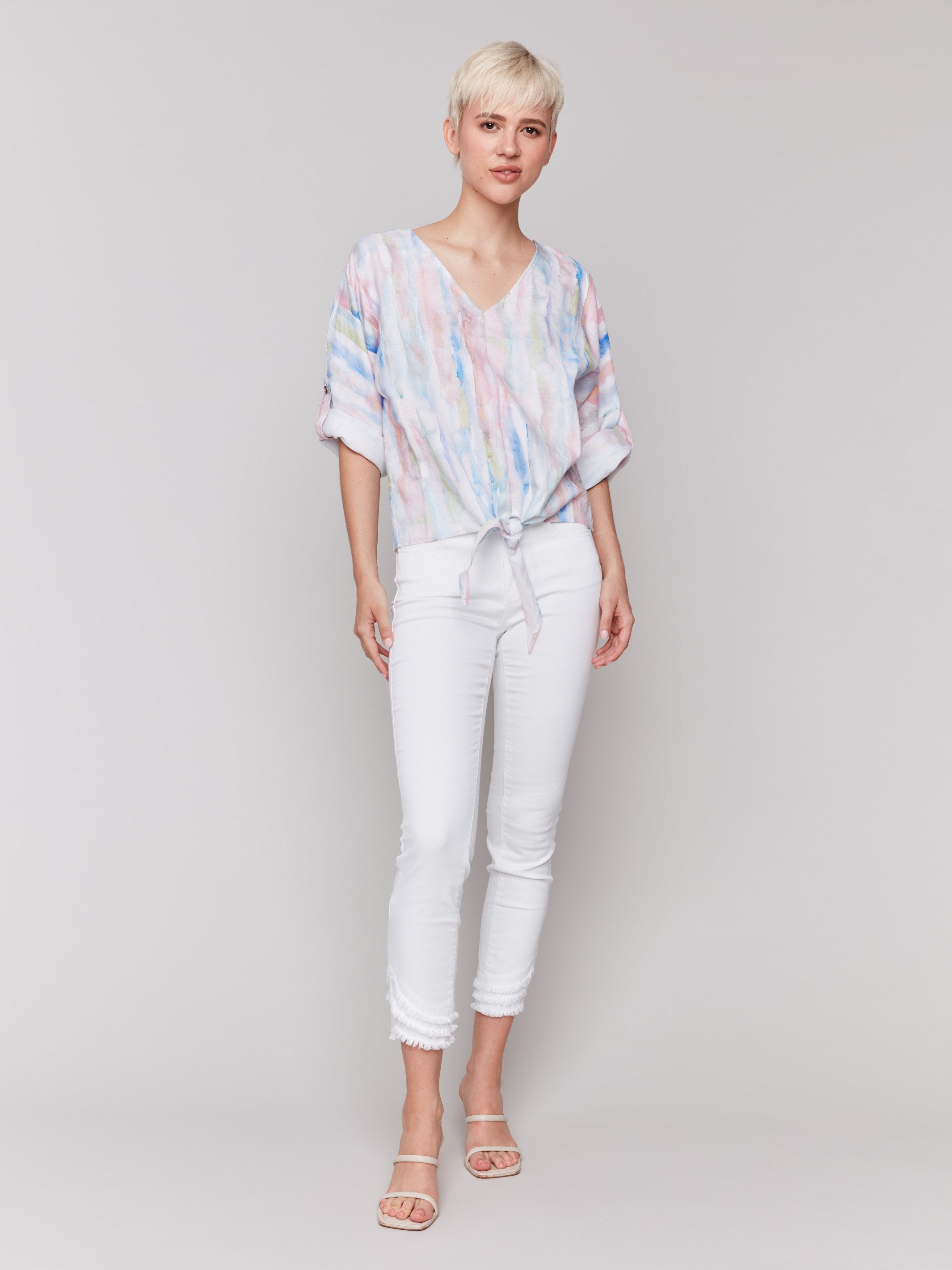 Roll-up drop shoulder sleeves on a stylish printed top by Charlie B.