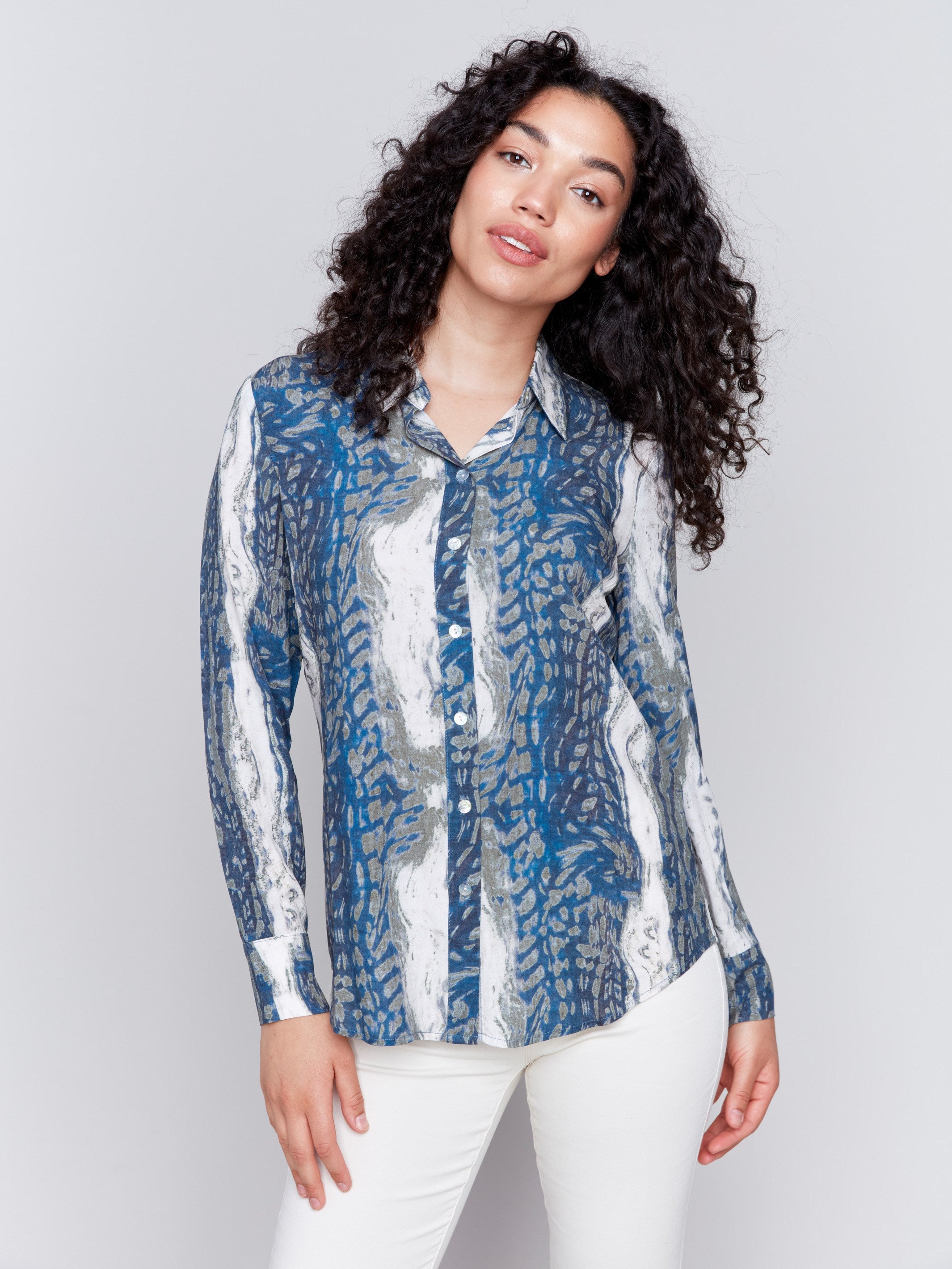 Blue and grey printed long-sleeve button-up shirt with a classic collar by Charlie B.