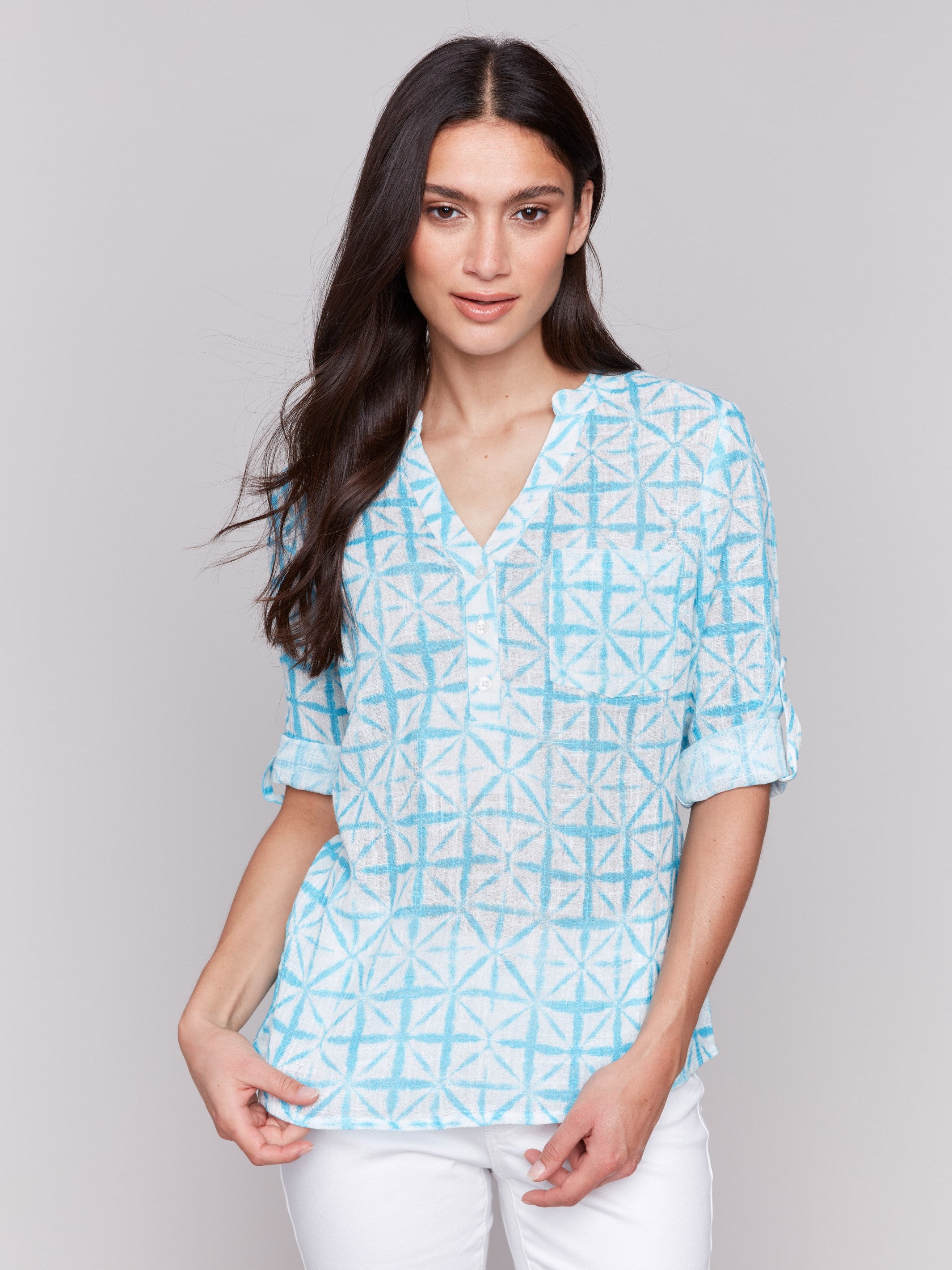 Lagoon abstract print blouse with adjustable 3/4 sleeves by Charlie B.