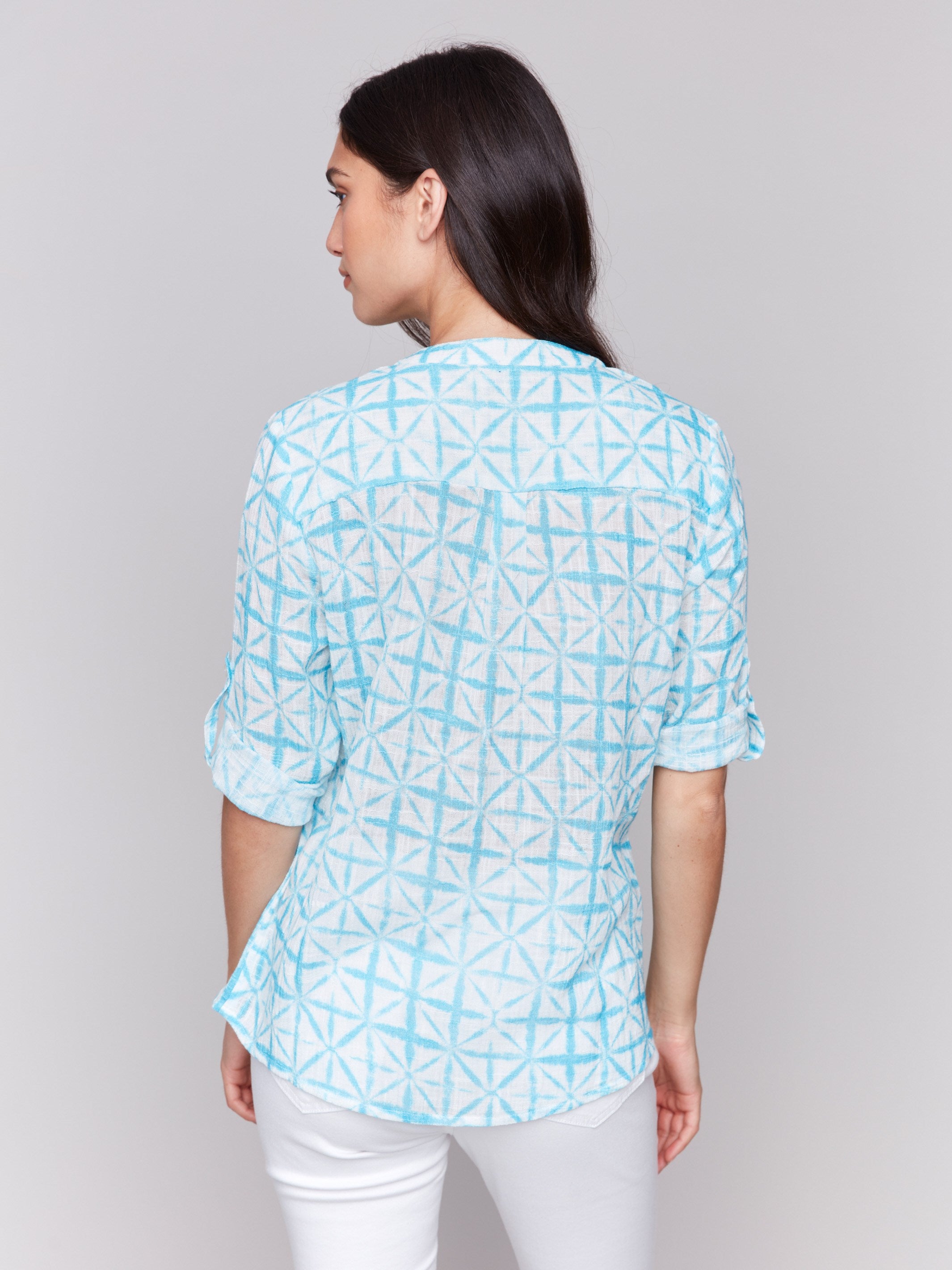 Stylish lagoon cotton blouse with a convenient chest pocket by Charlie B.