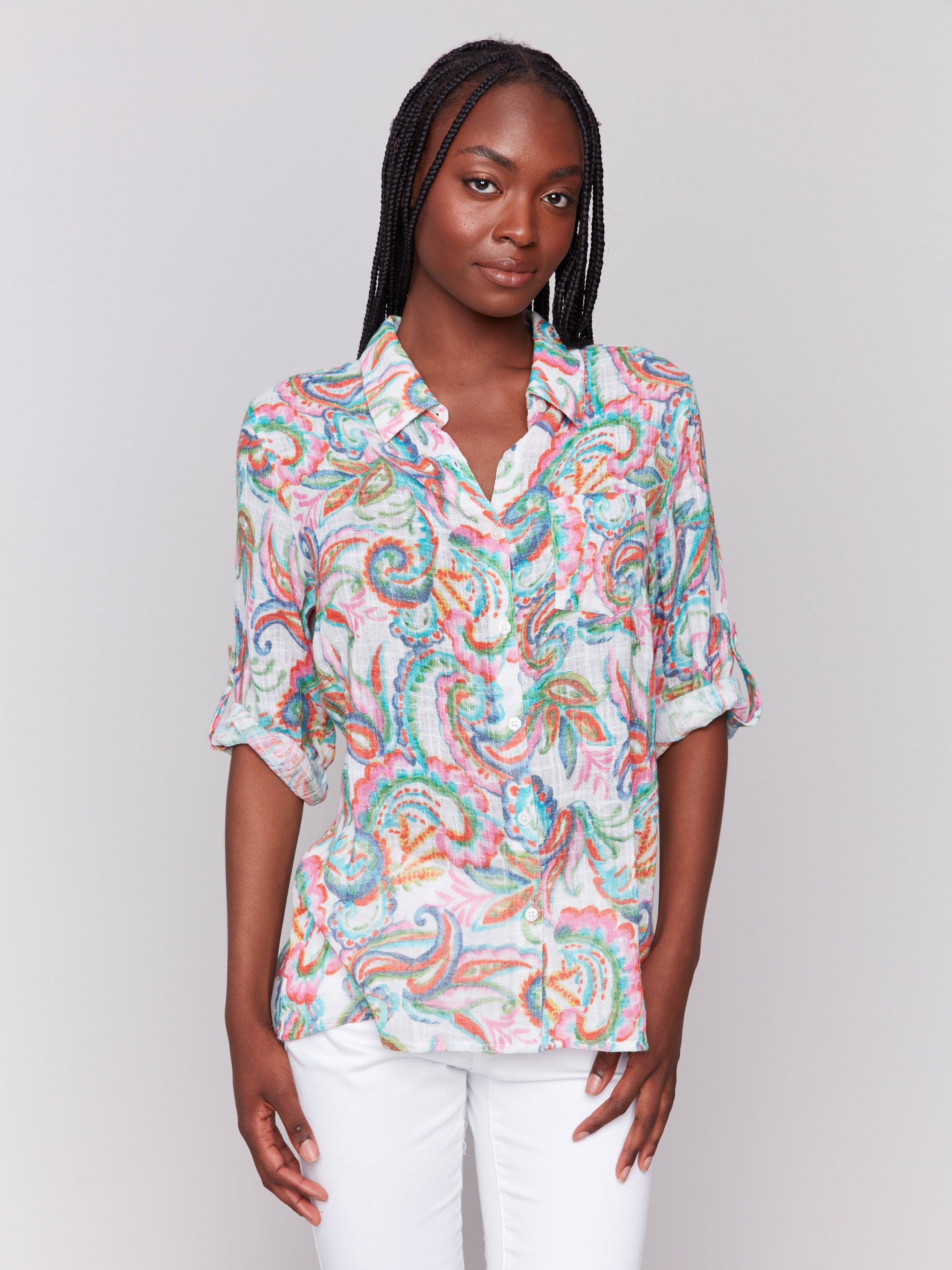 Abstractly designed shirt showcasing colorful patterns by Charlie B.