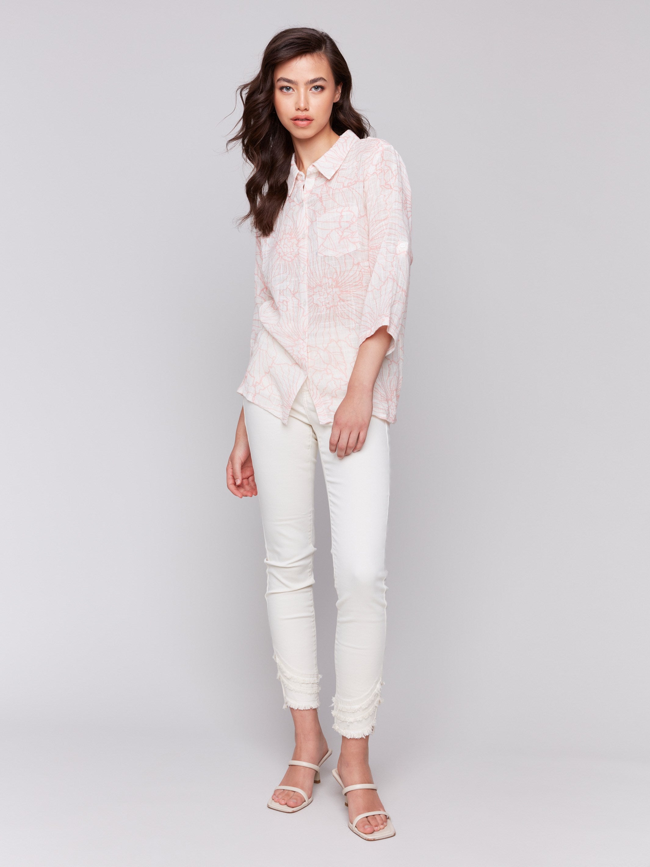 Stylish guava shirt with 3/4 roll-up sleeves and button tab by Charlie B.