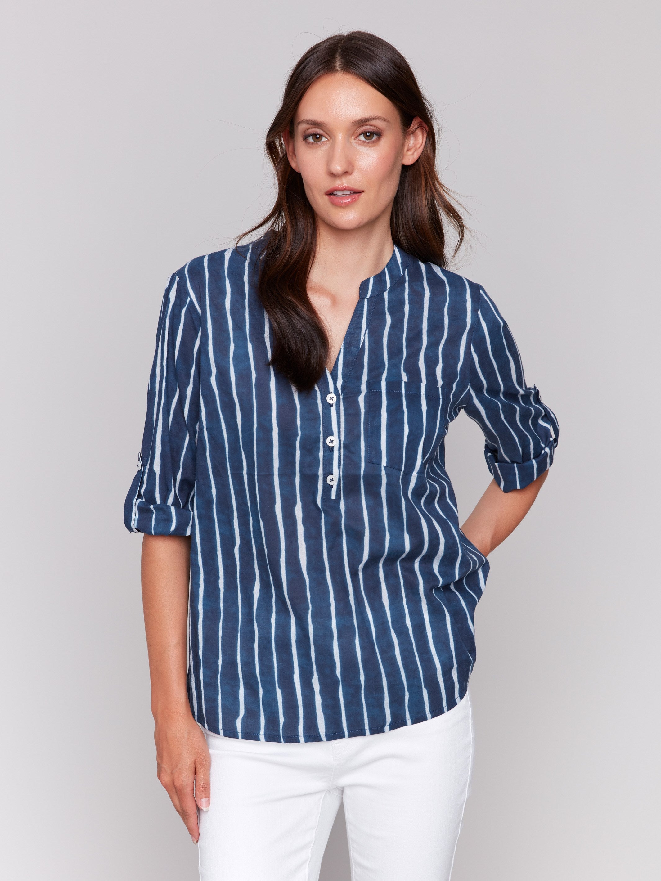 Indigo blouse featuring a stylish mao collar by Charlie B.