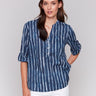 Indigo blouse featuring a stylish mao collar by Charlie B.