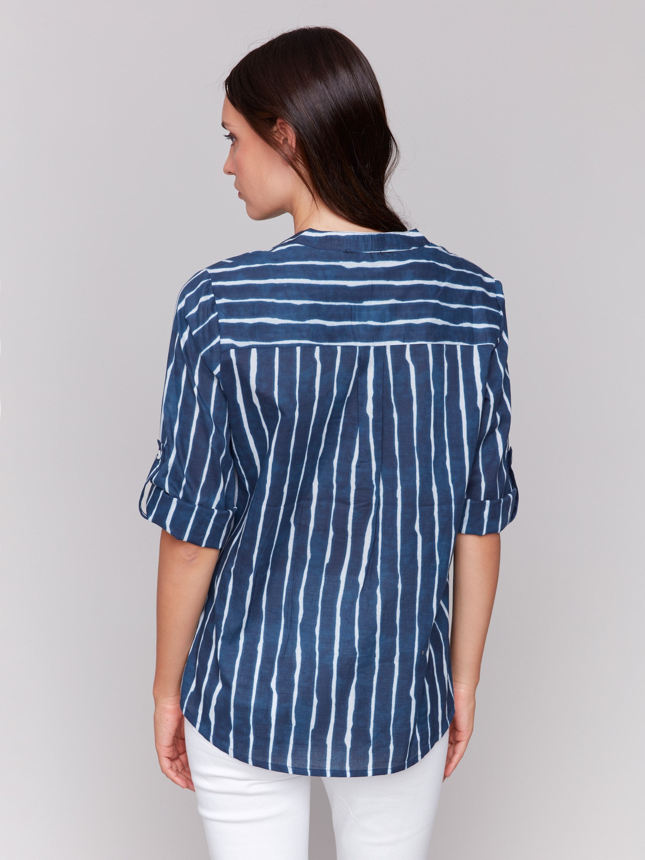 Fashionable indigo blouse with 3/4 roll-up sleeves by Charlie B.